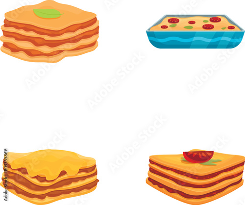 Lasagna dish icons set cartoon vector. Lasagna slice and cherry tomato. Italian cuisine