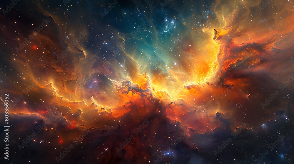Visualize a nebula depicted as a blooming flower in the cosmic garden, with petals of gas clouds spreading in vibrant colors across the space.