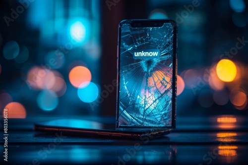 Shattered phone screen displays  unknow  scam messages, reflecting the dangers of falling for scams photo