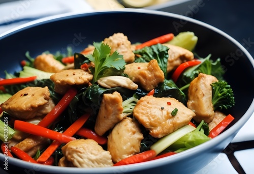 Thai food chicken with red bell peppers, green leafy vegetables, and other ingredients in a dark bowl