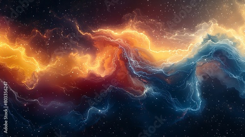 Illustrate a celestial collision with two galaxies intertwining, depicted through a surreal blend of colors and forms that suggest motion and chaos. © LuvTK