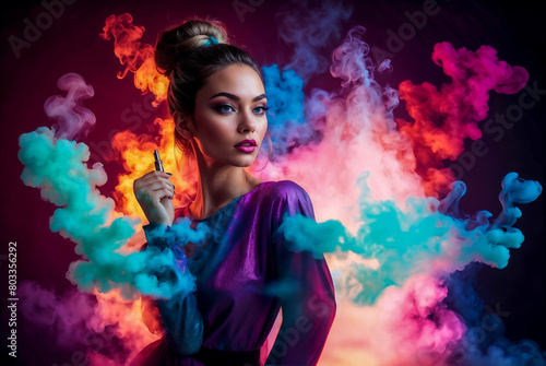 Vape Beauty  Model s Ethereal Dance with Colorful Smoke
