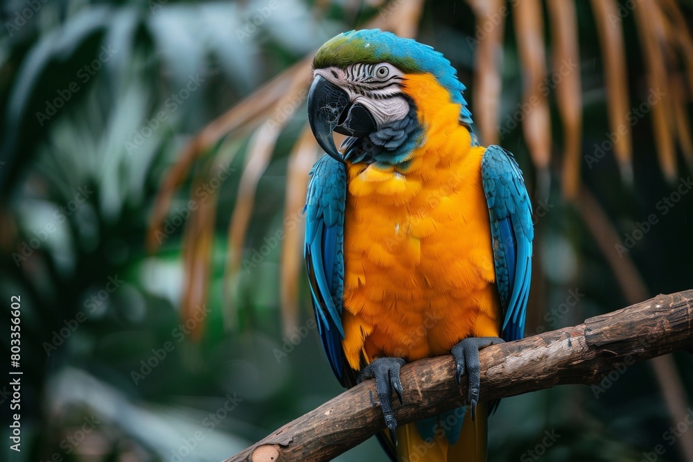 A vivid blue and yellow macaw perches gracefully on a branch, its striking colors standing out against a lush green background