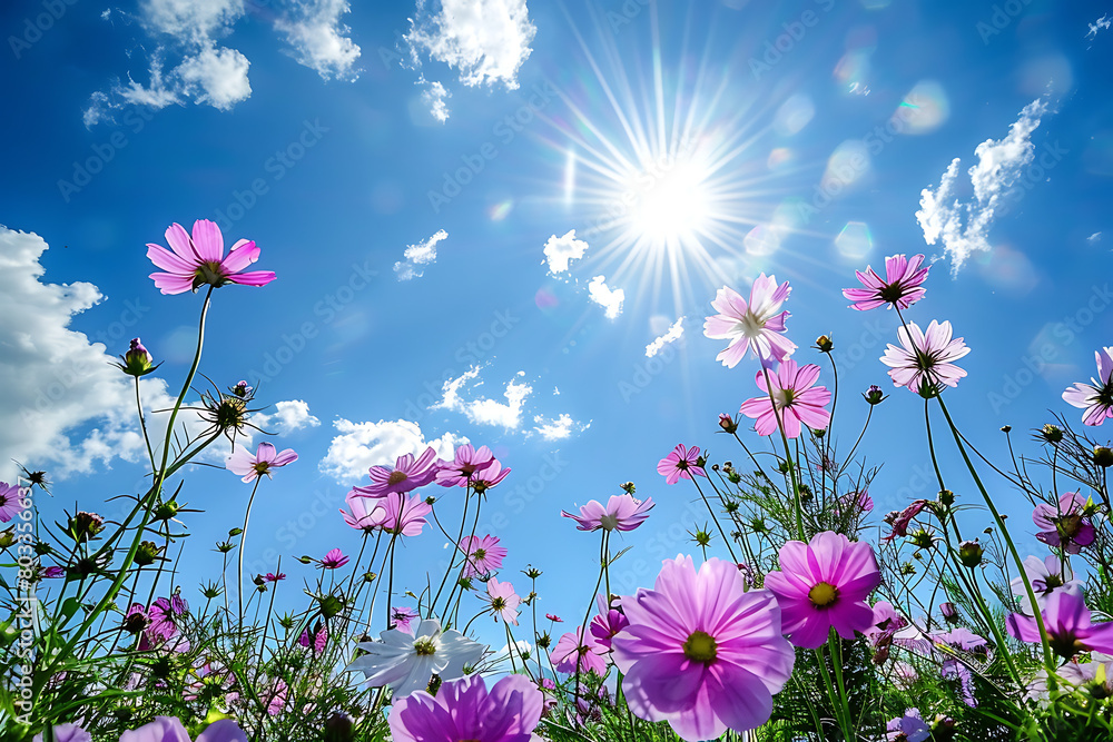 blooming purple flowers on clear sky with sun, bright spring summer day concept, sunny weather wallpaper, bottom view blooming purple flowers on clear sky with sun, bright spring summer day concept, sunny weather wallpaper, bottom view