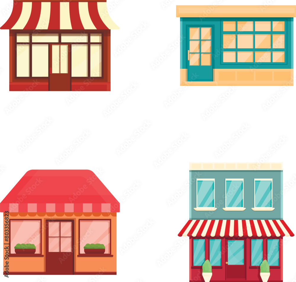 Street cafe icons set cartoon vector. Colorful facade of cafe with canopy. Commercial building