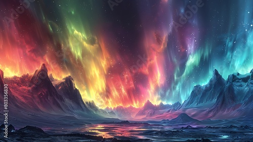 Illustrate an otherworldly cosmic aurora, with streams of luminous colors flowing over a barren planetary landscape, evoking a sense of wonder and alien beauty.