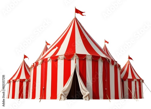 A striped circus tent with a pointed red flag on top, against a plain white background
