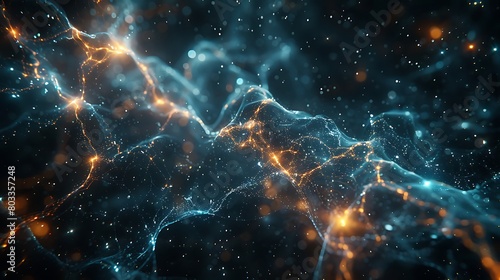 Illustrate the Dark Matter Web as an ethereal structure of delicate fibers weaving through the cosmos  linking galaxies with ghostly strands that glow against the deep space darkness.