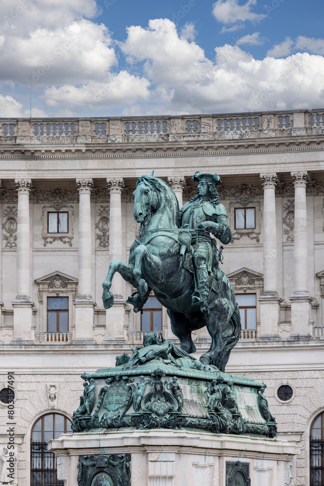 Equestrian statue of Prince Eugene of Savoy in front of baroque Hofburg palace, Vienna, Austria