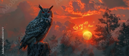 Fierce GoldenEyed Owl Assumes a Samurai Stance at Crimson Sunset in Rugged Wilderness photo