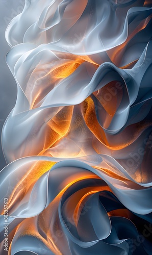 An abstract masterpiece featuring flowing shapes in shades of grey, white, and gold.