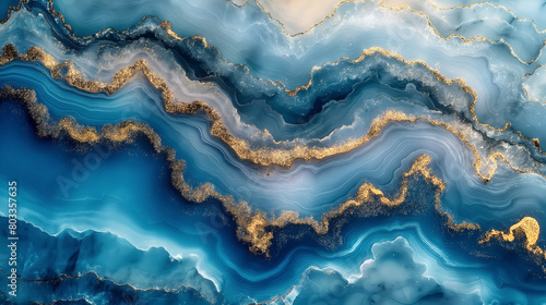 Amazing colorful blue agate crystal stone background with gold veins