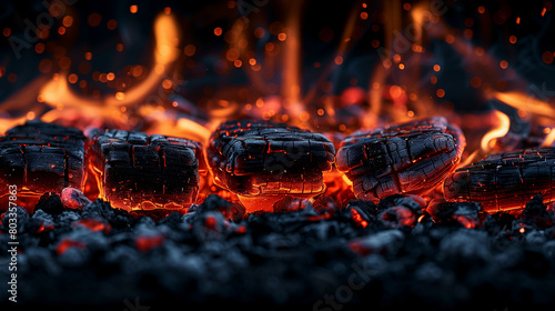 Close-up of glowing charcoal briquettes with flames and sparks, emphasizing the intense heat and energy of a fire. photo