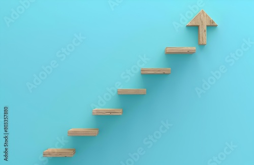 3d render of wood stair with arrow pointing up on blue background  business growth concept