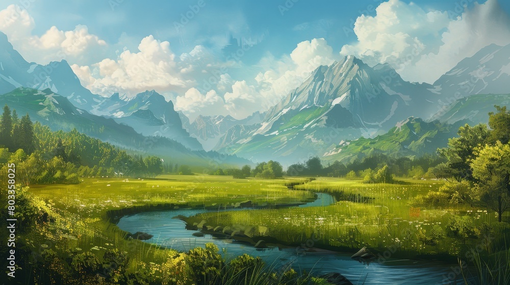 Tranquil art illustration of a pastoral scene with a lush green pasture, a meandering river, and high mountains Tranquil art illustration of a pastoral scene with a lush green pasture, a meandering river, and high mountains