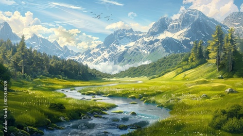 Tranquil art illustration of a pastoral scene with a lush green pasture  a meandering river  and high mountains  rendered in a beautiful painting style