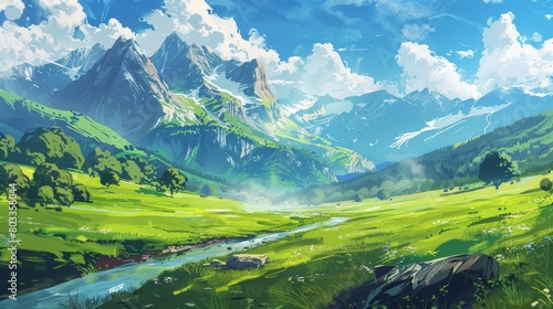 Vibrant illustration in an artful painting style  showcasing a serene landscape of green pastures  a gentle river  and high mountains