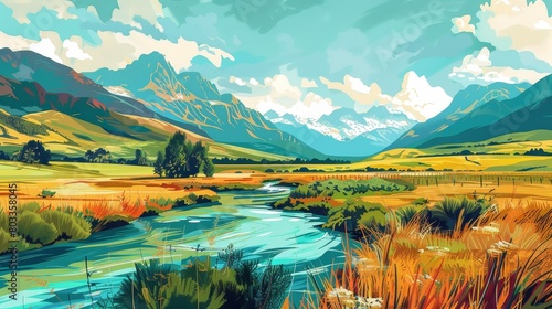Vibrant illustration in an artful painting style, showcasing a serene landscape of green pastures, a gentle river, and high mountains photo