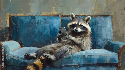Whimsical artwork of a raccoon with human traits, comfortably reclined on a blue sofa while interacting with a cell phone, with space for text inclusion