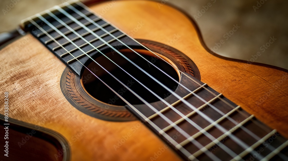 A close-up of a classical guitar, focusing on the sound hole and strings, against a warm, earth-toned studio backdrop.