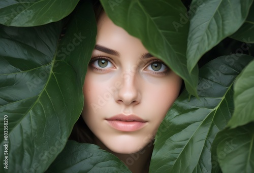 A young Caucasian woman partially obscured by large green leaves, her face partially visible with a serene expression