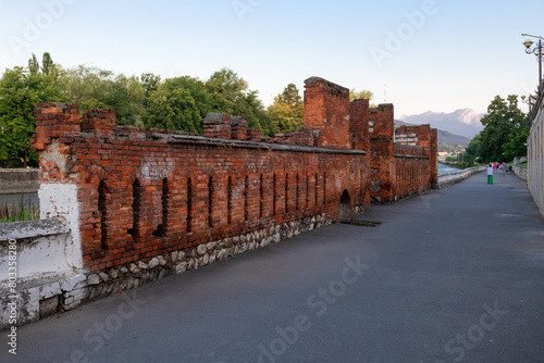 An ancient brick wall on the banks of the Terek River, near the Sunni mosque. Vladikavkaz, North Ossetia, Russia