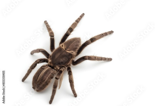 A large tarantula spider with hairy legs and body, resting on a white background