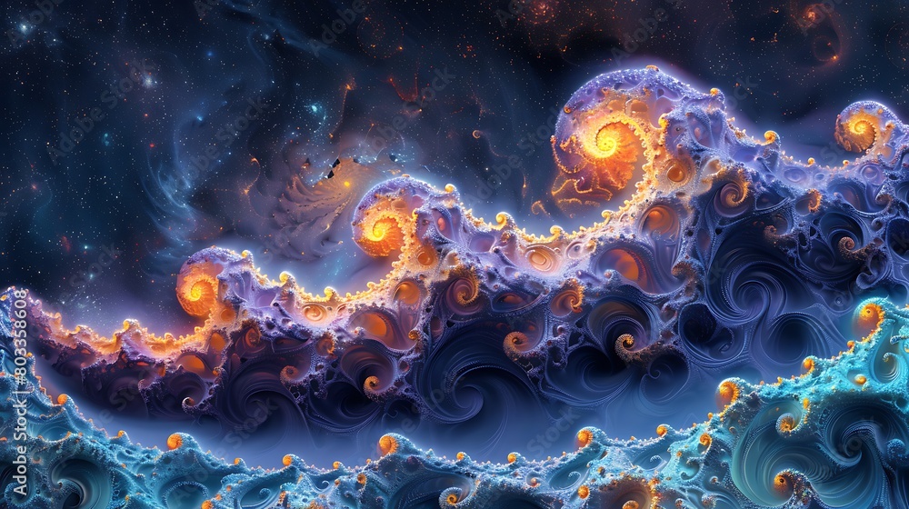 Show the intricate and repeating patterns found in both the micro and macro cosmos through a vibrant and detailed fractal composition. Show the intricate and repeating patterns found in both the micro and macro cosmos through a vibrant and detailed fractal composition.