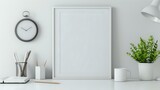 Home Office Desk Mockup White Background, Empty Frame, Clock, Supplies, Cup