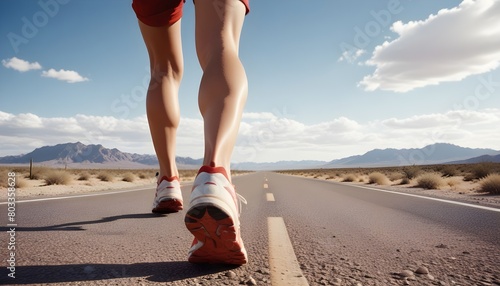 A person s legs and feet wearing red and white running shoes on a long  straight road in a desert landscape with a cloudy sky in the background