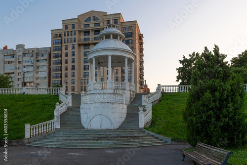 Rotunda (observation gazebo) on the embankment of the Terek River on a late summer evening. Vladikavkaz. North Ossetia. Russia