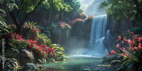 tropical waterfall Amazing waterfall background Majestic Waterfall Lush Rainforest Paradise Wallpaper Jungle waterfall cascade in tropical rainforest with rock and turquoise blue pond photo