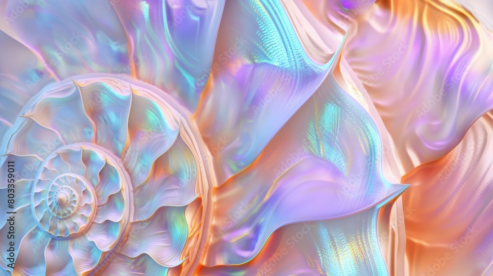 Fototapeta premium Abstract iridescent textures of Nautilus shell. Fibonacci sequence symmetry. Fractal art background.