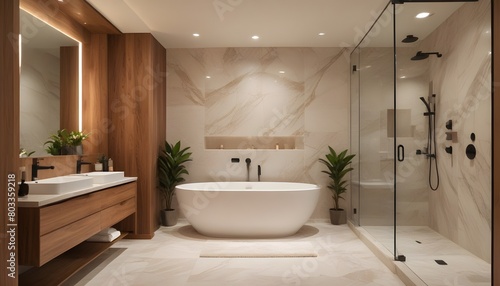 A modern and luxurious bathroom with a large freestanding bathtub  a glass shower enclosure  and a marble wall. The room features warm lighting  wooden accents  and potted plants  creating a spa-like 