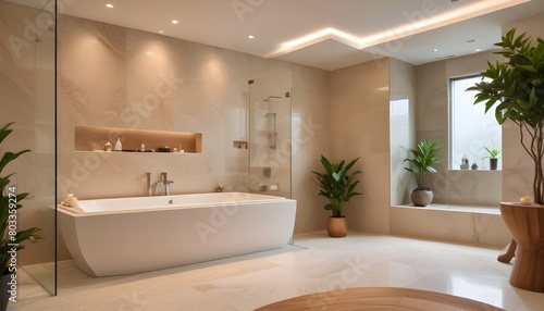 A modern and luxurious bathroom with a large freestanding bathtub  a glass shower enclosure  and a marble wall. The room features warm lighting  wooden accents  and potted plants  creating a spa-like 