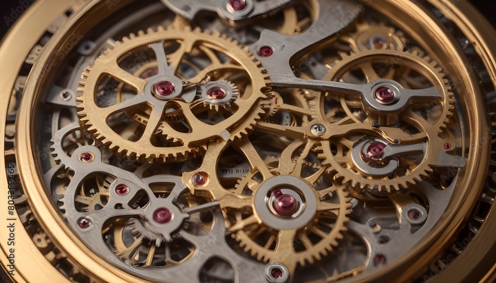 Macro shot of the intricate gears and mechanisms of a mechanical watch or clock, with a warm, golden lighting that creates a beautiful, abstract pattern