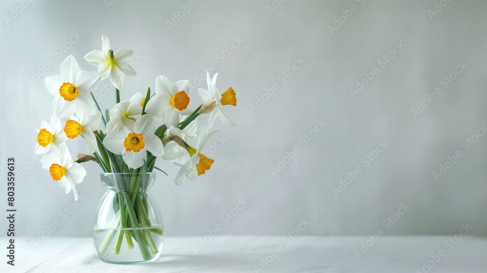 Narcissus flowers in a clear vase against a minimalist backdrop. Narcissus flowers in a clear vase against a minimalist backdrop.