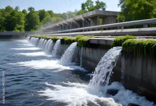 A flowing waterfall with multiple cascades of water rushing over a concrete structure  surrounded by lush greenery in the background