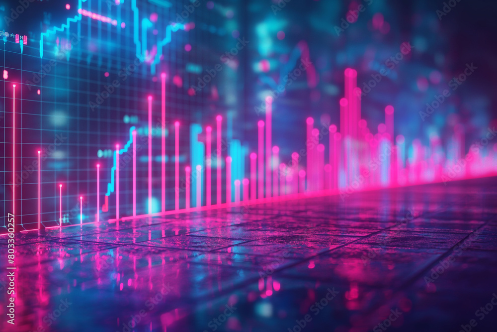 Neon lit financial analytics represented by peaks and valleys in a digital landscape, symbolizing the highs and lows of economic performance and market speculation. Neon lit financial analytics represented by peaks and valleys in a digital landscape, symbolizing the highs and lows of economic performance and market speculation.