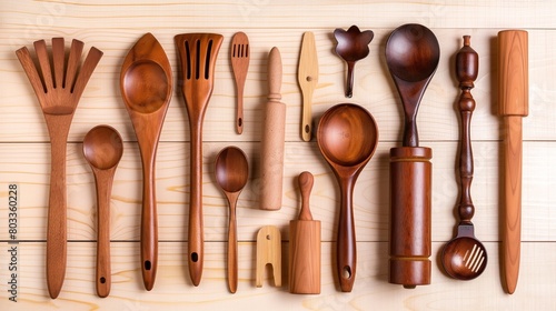 An array of finely crafted, wooden kitchen utensils, including spoons, spatulas, and a rolling pin, arranged on a light wood studio background.