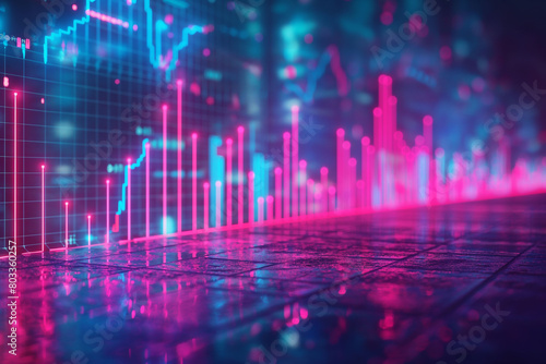 Neon lit financial analytics represented by peaks and valleys in a digital landscape  symbolizing the highs and lows of economic performance and market speculation.