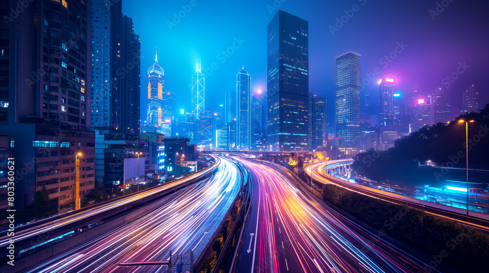 Night view of bustling cityscape, illuminated by vibrant lights of towering skyscrapers and dynamic streaks of vehicles in motion on highway, concept for urban life, modernity, energy, and elegance