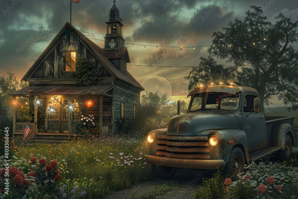 Fototapeta premium Rustic Temple with Vintage Truck on Fourth of July