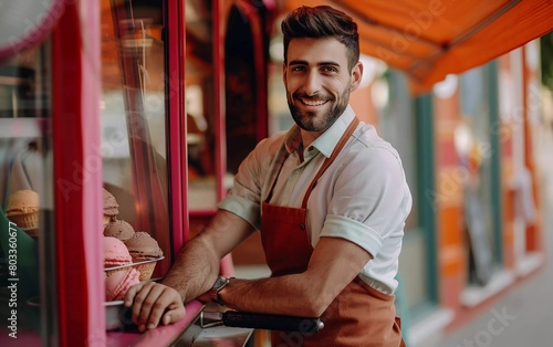 Handsome man in apron is leaning on an ice cream cart, looking at the camera and smiling while standing.