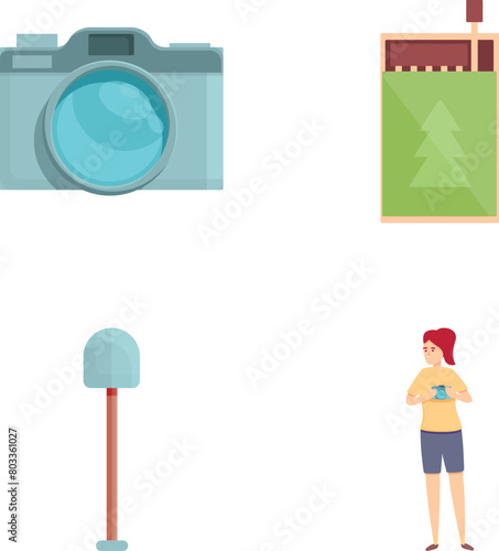 Tourism icons set cartoon vector. Woman with tourist equipment. Active lifestyle