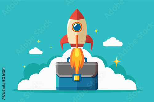 rocket ship blasts off from a briefcase, signifying taking a business idea to new heights