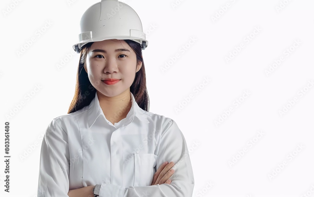 Asian engineer or architect worker woman in white safety helmet standing on isolated white background. Factory mechanical service Professional work Asian engineer or architect worker woman in white safety helmet standing on isolated white background. Factory mechanical service Professional work
