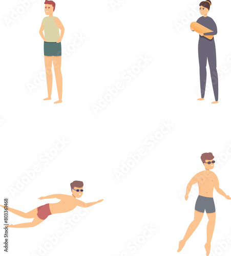 Swimming people icons set cartoon vector. Active young male character swimming. Water sport