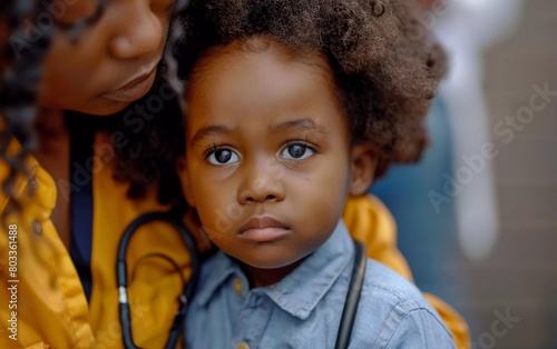 African American child examined with stethoscope during health checkup at pediatrician.