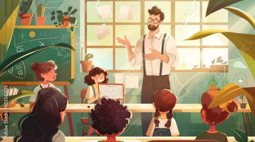 AI generated, World teacher’s day theme. Male teacher standing in front of a blackboard in the classroom, holding a book. Flat simple illustration for happy teacher's day photo